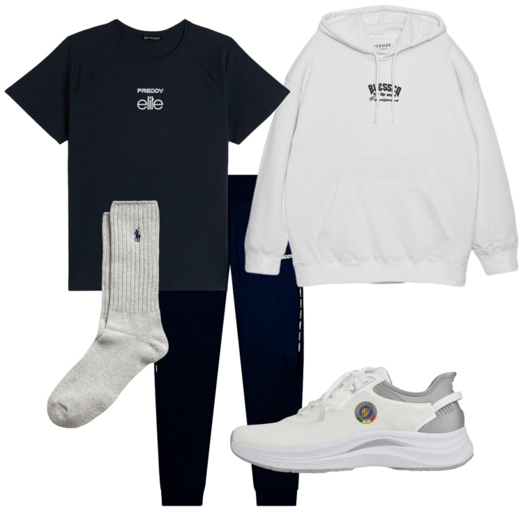 Outfit uomo - Total look #2352459. Stile Casual per Tutti i giorni. Abbinamento con felpe con cappuccio, pantaloni, t-shirt, scarpe sportive, calzini.