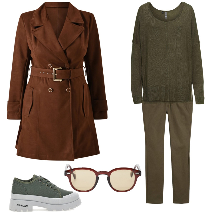 Outfit donna - Urban Safari: Riflessi di Sottobosco. Stile Urban per Tutti i giorni. Abbinamento con maglieria, pantaloni skinny, occhiali da sole, trench, sneakers alte.
