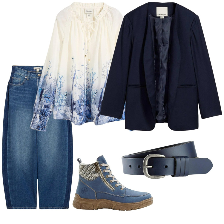 Outfit donna - Bonprix. Stile Casual per Tutti i giorni. Abbinamento con bluse, jeans, stivaletti, blazer, cinture.