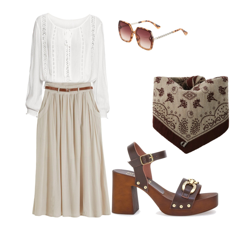 Outfit donna - Soffio di Primavera: Incanto Boho-Chic. Stile Boho per Tutti i giorni. Abbinamento con gonne lunghe, bluse, occhiali da sole, foulard, zoccoli.