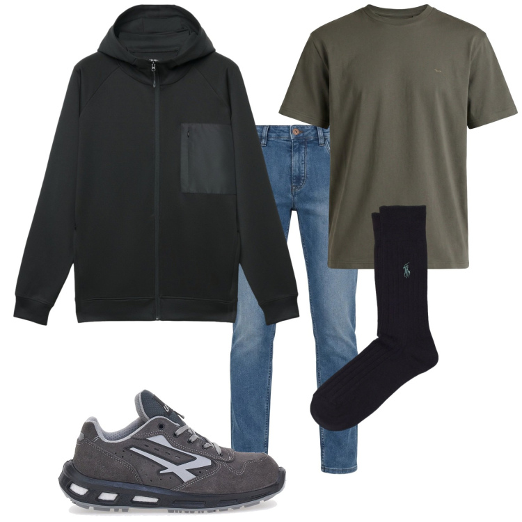 Outfit uomo - Total look #2352465. Stile Casual per Tutti i giorni. Abbinamento con jeans, t-shirt, felpe con cappuccio, calzini, scarpe stringate.