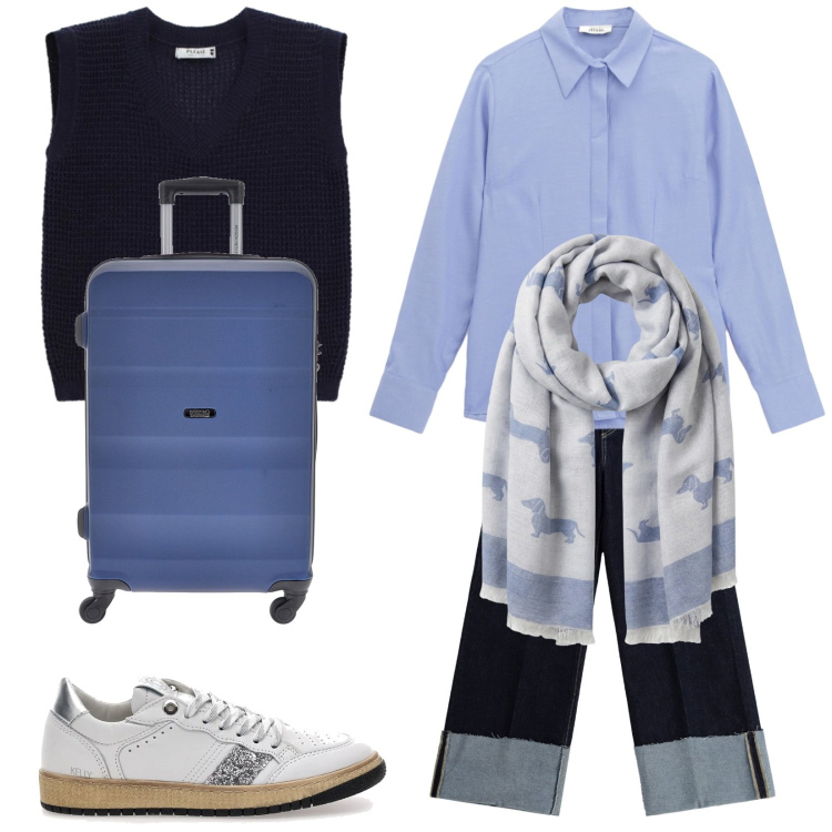 Outfit donna - Total look #2352477. Stile Casual per Tutti i giorni. Abbinamento con sciarpe, jeans, camicie, top, sneakers, valigie.