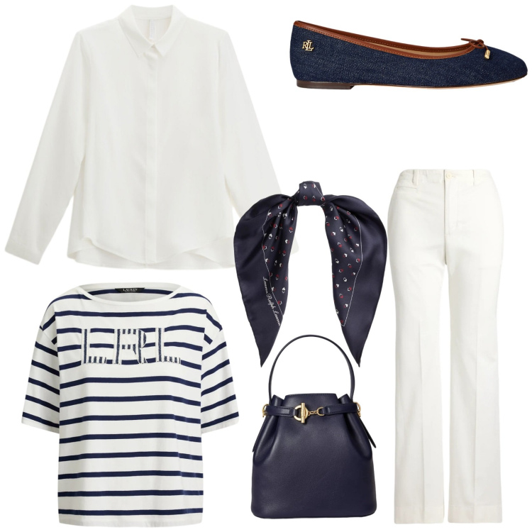 Outfit donna - Weekend in riviera. Stile Casual chic per Tutti i giorni. Abbinamento con camicie, t-shirt, borse a secchiello, pantaloni, foulard, ballerine.