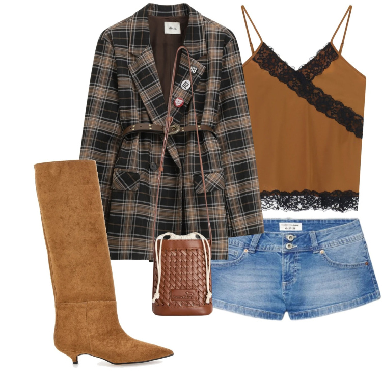 Outfit donna - Shorts di jeans e stivali. Stile Sexy per Serata fuori. Abbinamento con borse a secchiello, shorts, top, blazer, stivali.