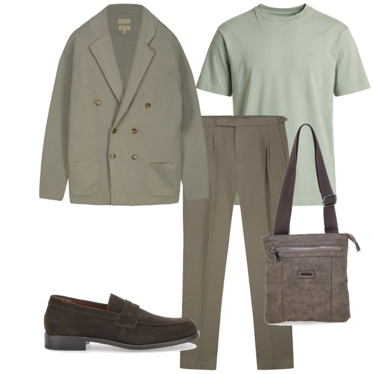 Outfit uomo - Verde fango. Stile Trendy per Tutti i giorni. Abbinamento con t-shirt, scarpe stringate, portafogli, cardigans, pantaloni.