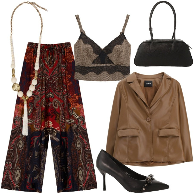 Outfit donna - A cena fuori. Stile Etnico per Serata fuori. Abbinamento con décolleté, ciondoli, top, pantaloni a palazzo, blazer, borse a mano.