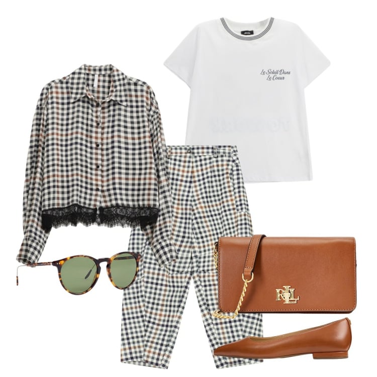 Outfit donna - Un completo di fine inverno. Stile Bon Ton per Tutti i giorni. Abbinamento con camicie, pantaloni a palazzo, occhiali da sole, ballerine, borse a mano, t-shirt.