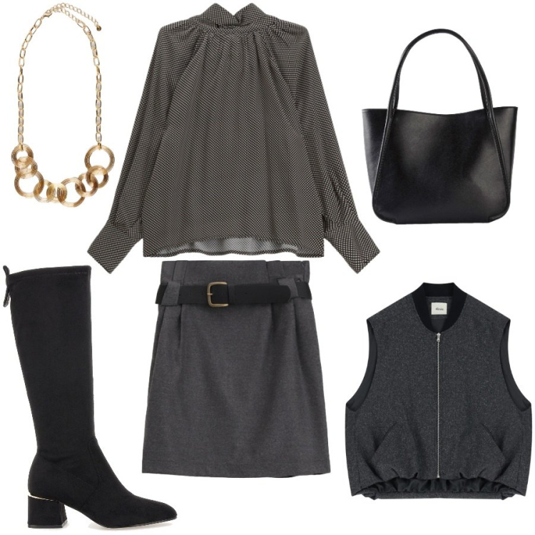 Outfit donna - In ufficio. Stile Casual chic per Ufficio. Abbinamento con shopping bag, collane, minigonne, camicie, gilet, stivali.