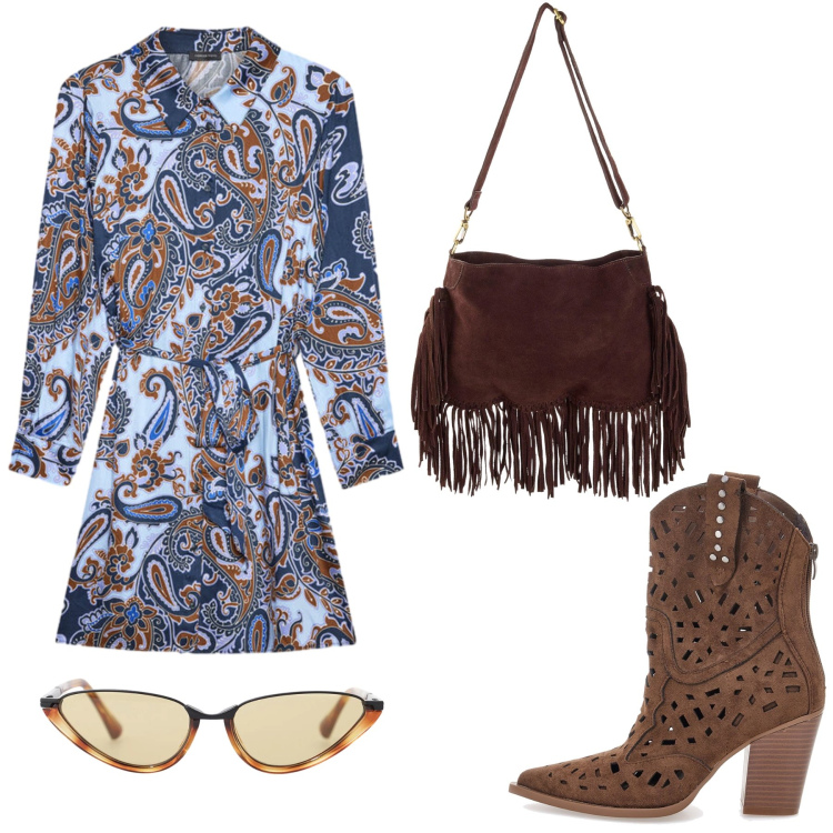Outfit donna - Paisley Dream: Libertà e Leggerezza. Stile Boho per Serata fuori. Abbinamento con borse a tracolla, occhiali da sole, vestiti chemisier, stivaletti texani.