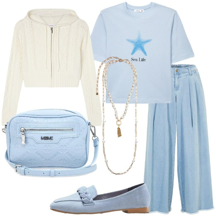 Outfit donna - Blue is the New Season. Stile Basic per Tutti i giorni. Abbinamento con gonne, mocassini, t-shirt, cardigans, collane, borse a tracolla.