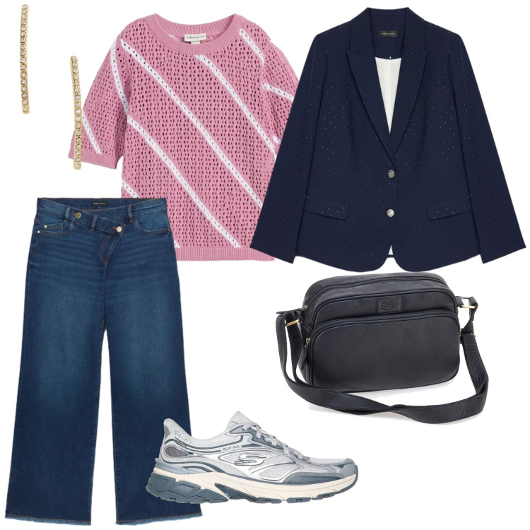 Outfit donna - Comoda. per Scuola/Università. Abbinamento con t-shirt, blazer, jeans, orecchini, sneakers, borse a tracolla.