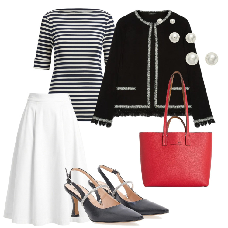 Outfit donna - A lavoro. per Ufficio. Abbinamento con gonne longuette, shopping bag, cardigans, orecchini, t-shirt, décolleté.