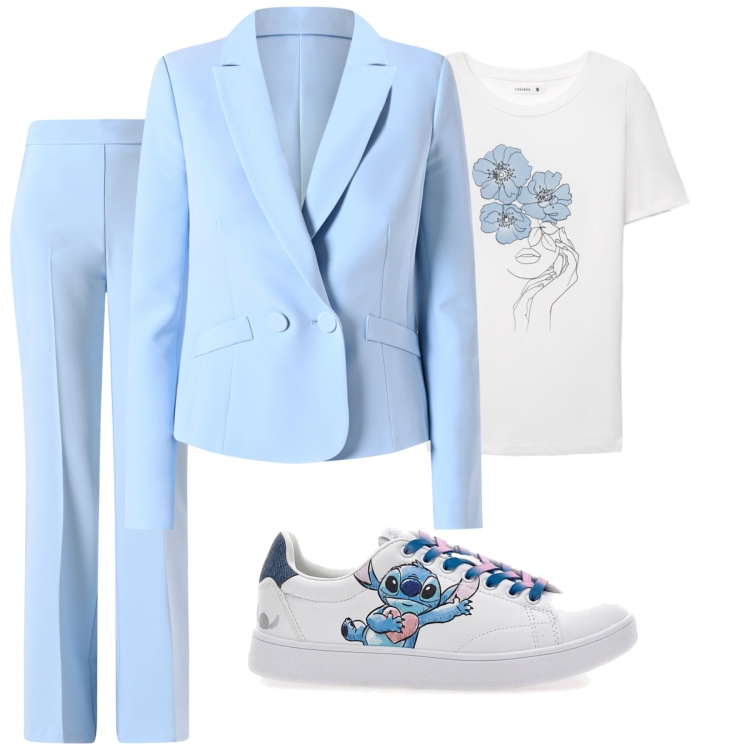 Outfit donna - Blue Sky: Professionalità con un Sorriso. Stile Casual chic per Scuola/Università. Abbinamento con t-shirt, pantaloni, blazer, sneakers.