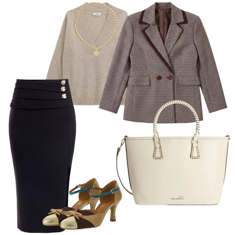 Outfit donna - Sfumature. per Tutti i giorni. Abbinamento con shopping bag, décolleté, maglieria, blazer, gonne longuette, collane.