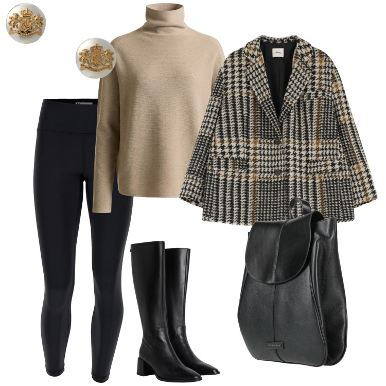 Outfit donna - In città. per Tutti i giorni. Abbinamento con zaini, maglieria, stivali sopra il ginocchio, blazer, leggings, orecchini.