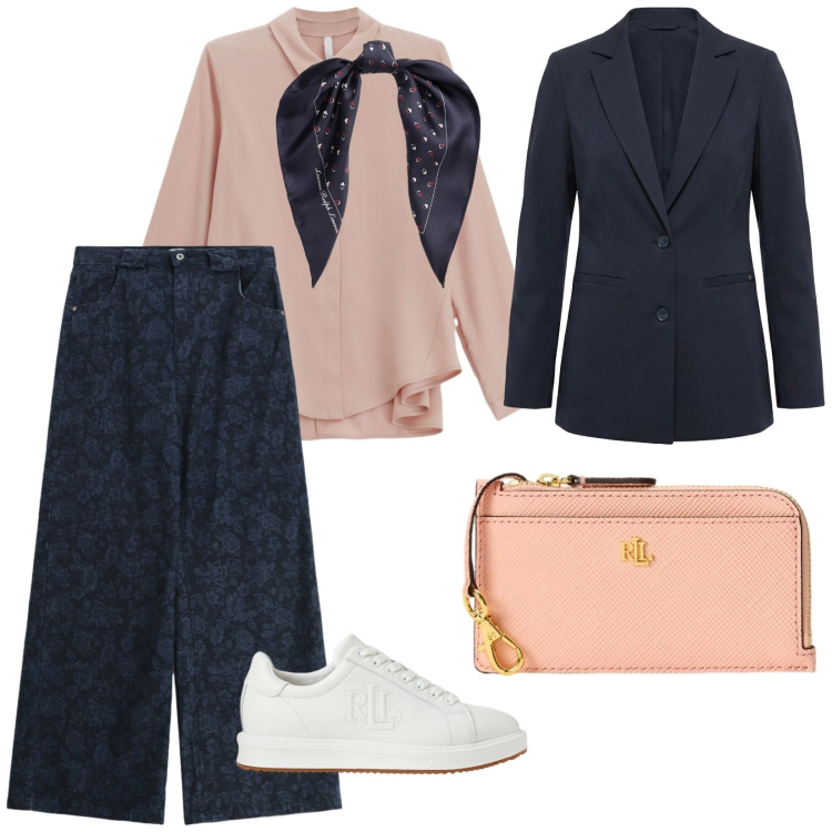 Outfit donna - Primavera in blu. per Tutti i giorni. Abbinamento con blazer, camicie, jeans, sneakers, portafogli, foulard.