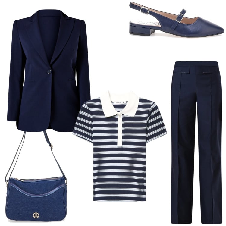 Outfit donna - Look classico evergreen. Stile Chic per Tutti i giorni. Abbinamento con polo, pantaloni, blazer, borse a tracolla, décolleté.