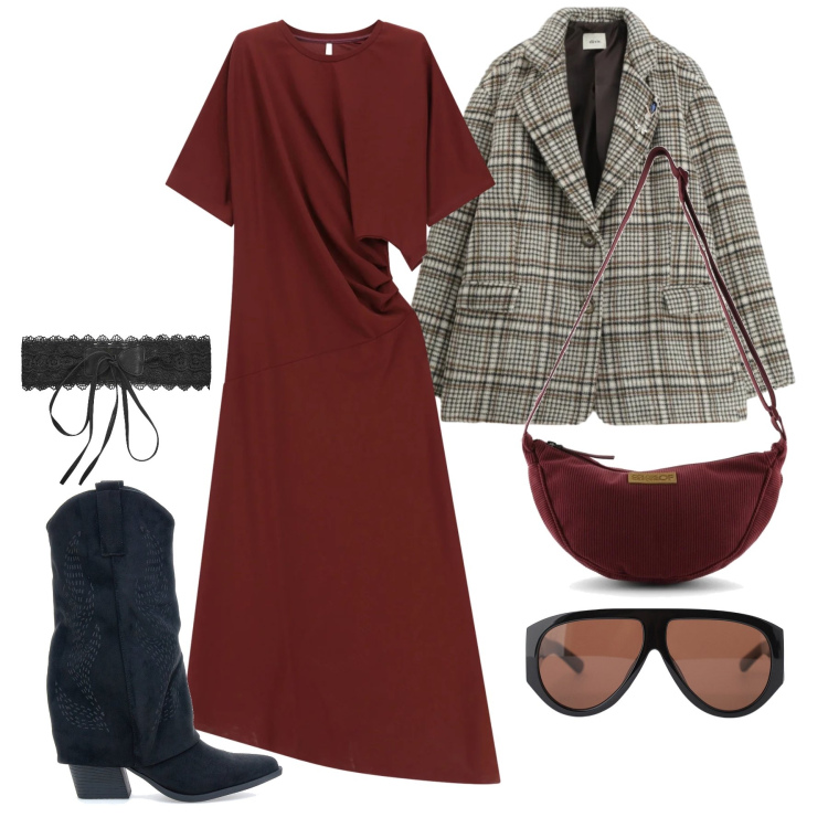 Outfit donna - Marzo. Stile Trendy per Tutti i giorni. Abbinamento con cinture, occhiali da sole, vestiti lunghi, blazer, borse a tracolla, stivaletti texani.