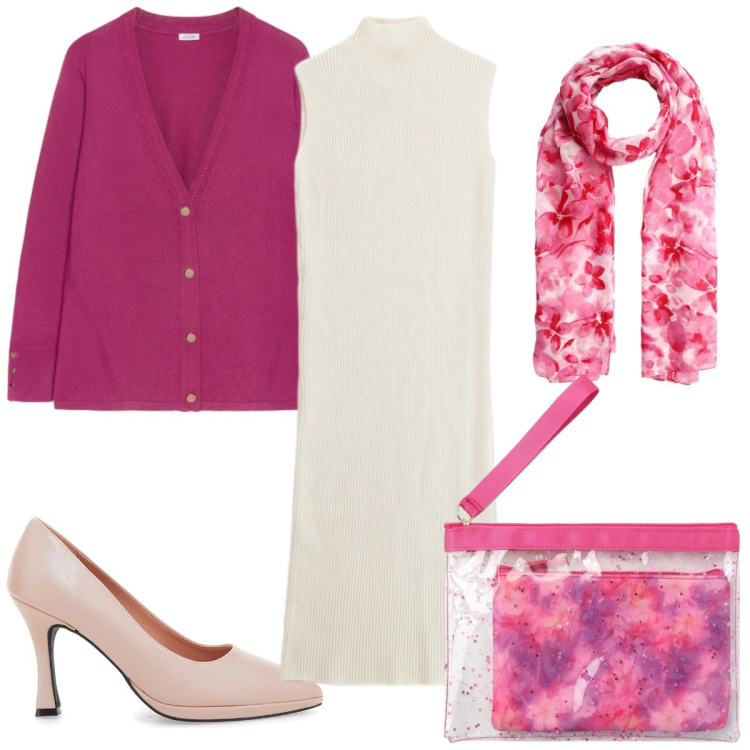 Outfit donna - Bantoa SS26: primavera in rosa. Stile Trendy per Tutti i giorni. Abbinamento con pochette, foulard, cardigans, vestiti midi/longuette, décolleté.