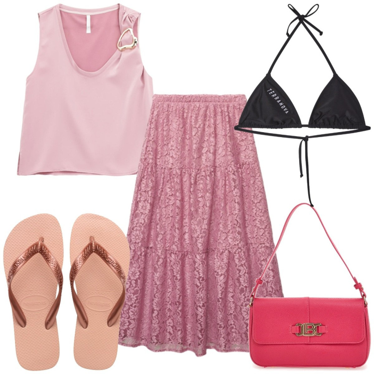 Outfit donna - Bantoa SS26 : estate in rosa. Stile Boho per Mare. Abbinamento con gonne lunghe, bikini, canottiere, ciabatte, borse a spalla.