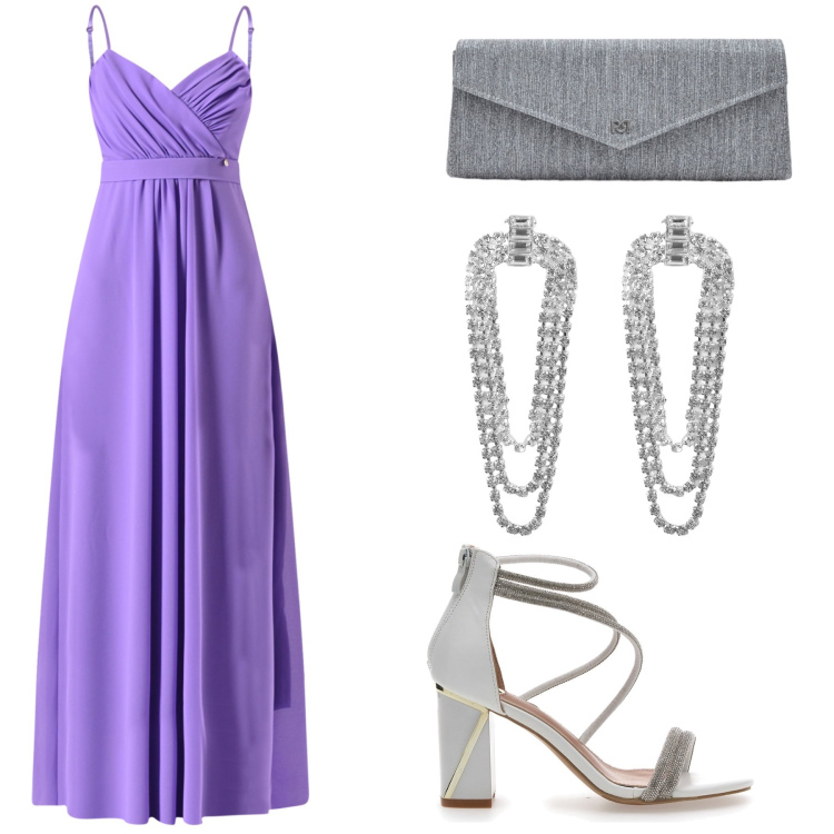 Outfit donna - Sinfonia Lavanda: Eleganza Curvy. Stile Chic per Cerimonia. Abbinamento con orecchini, pochette, vestiti lunghi, sandali col tacco.