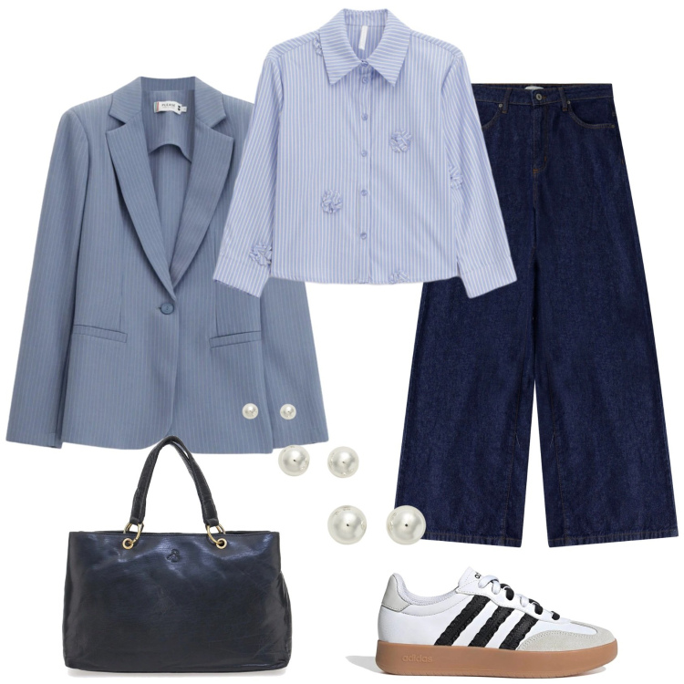 Outfit donna - Blue is the new season. Stile Casual chic per Tutti i giorni. Abbinamento con camicie, jeans, blazer, orecchini, sneakers, borse a mano.