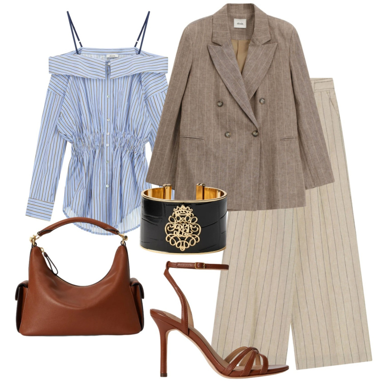 Outfit donna - Bantoa ss26. Stile Chic per Tutti i giorni. Abbinamento con pantaloni a palazzo, blazer, camicie, braccialetti, borse a spalla, sandali in pelle.