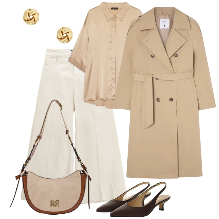 Outfit donna - Primavera che valorizza - Curvy style. Stile Casual chic per Tutti i giorni. Abbinamento con trench, camicie, pantaloni a palazzo, décolleté, borse a tracolla, orecchini.