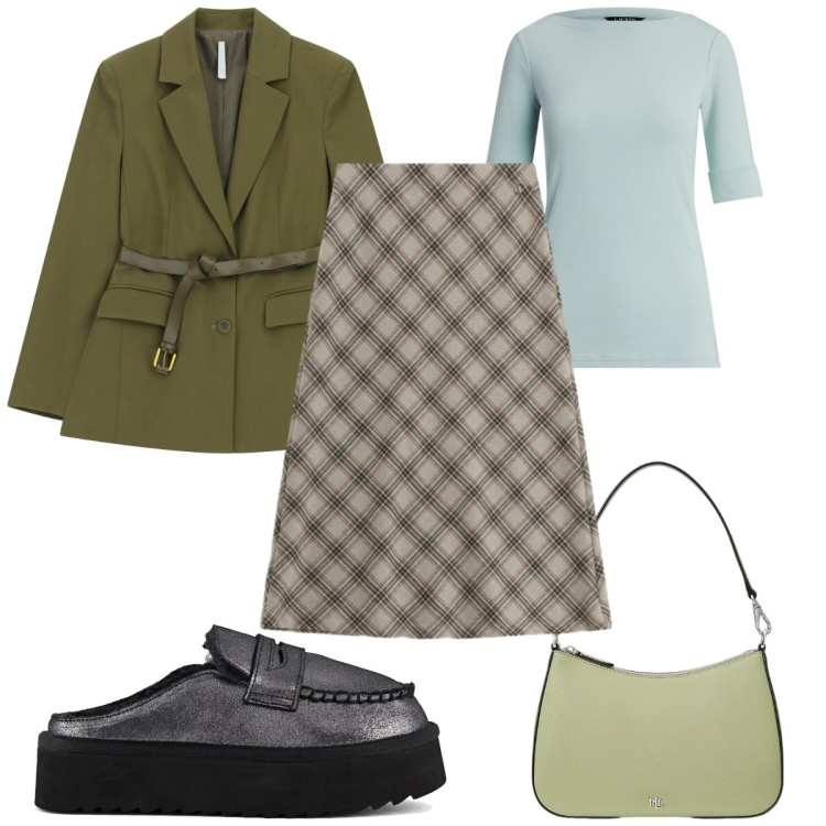 Outfit donna - Bantoa SS26 : verde primavera. Stile Trendy per Tutti i giorni. Abbinamento con blazer, gonne longuette, borse a spalla, t-shirt, mocassini.