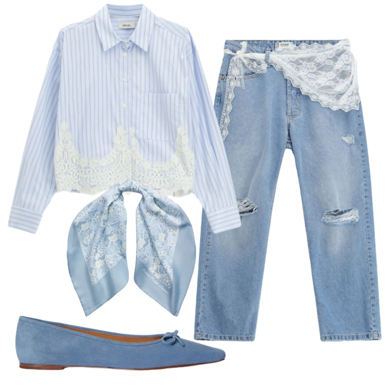 Outfit donna - Total look #2352747. Stile Romantica per Tutti i giorni. Abbinamento con camicie, jeans strappati, ballerine, foulard.