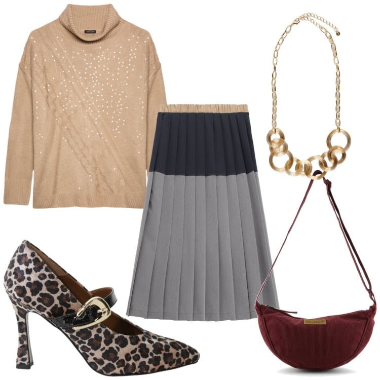 Outfit donna - Primavera che valorizza - décolleté. Stile Trendy per Tutti i giorni. Abbinamento con maglieria, collane, gonne longuette, décolleté, borse a tracolla.