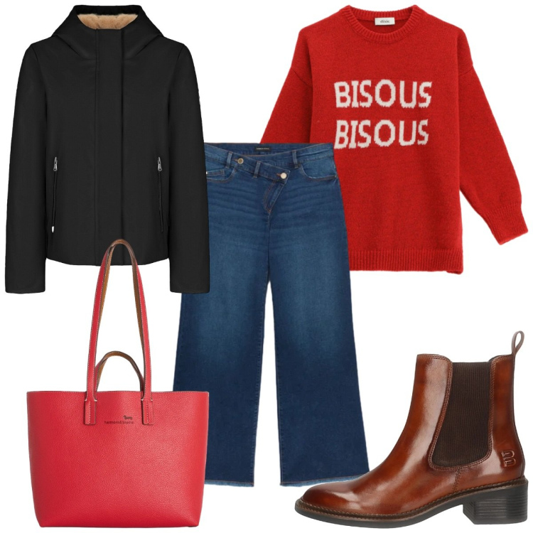 Outfit donna - Primavera che valorizza - in rosso. Stile Casual per Tutti i giorni. Abbinamento con shopping bag, jeans, maglieria, piumini, stivaletti chelsea.