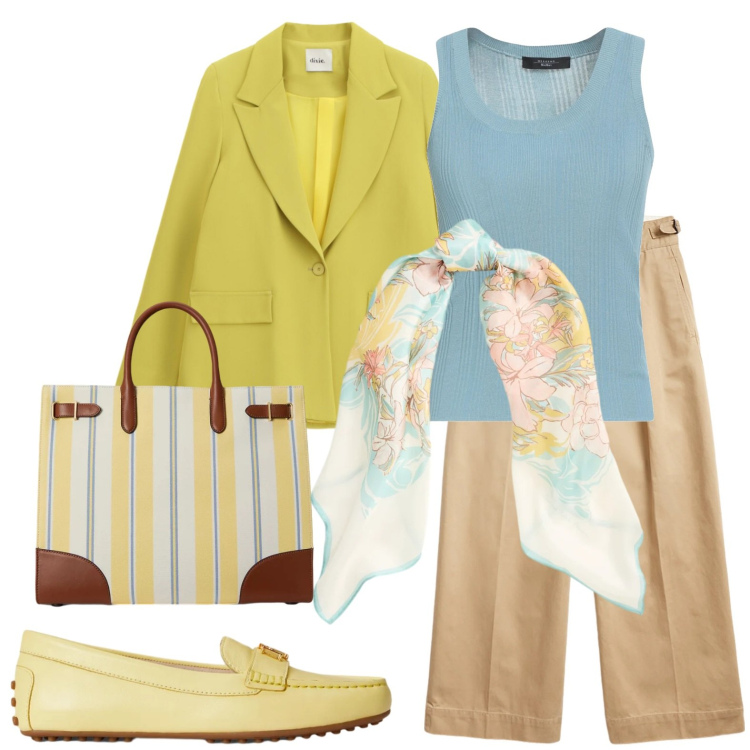 Outfit donna - Total look marzolino. Stile Casual chic per Tutti i giorni. Abbinamento con top, blazer, mocassini, pantaloni, foulard, borse tote.