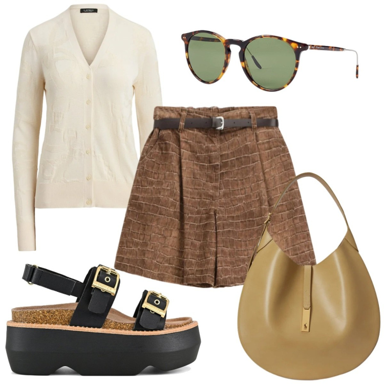 Outfit donna - Primavera che valorizza- trendissima!. Stile Trendy per Tutti i giorni. Abbinamento con bermuda, occhiali da sole, borse a spalla, cardigans, sandali col tacco.