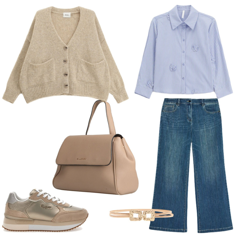 Outfit donna - Spring streetwear. Stile Casual chic per Tutti i giorni. Abbinamento con zaini, camicie, jeans dritti, cardigans, cinture, sneakers.