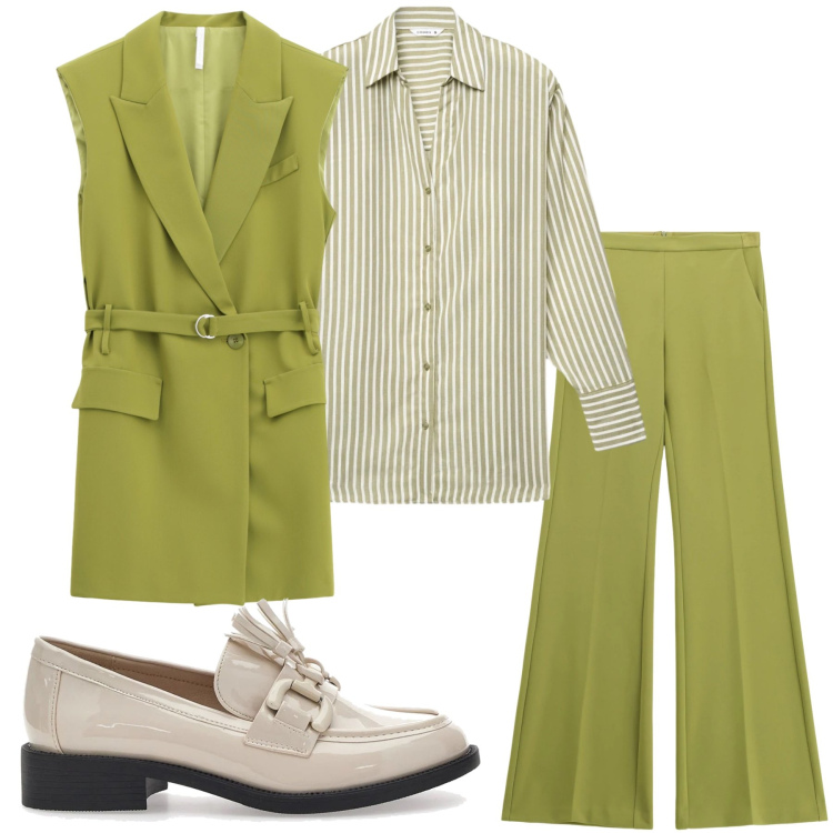 Outfit donna - Business Sage: Struttura e Colore. Stile Chic per Ufficio. Abbinamento con camicie, gilet, pantaloni, mocassini.