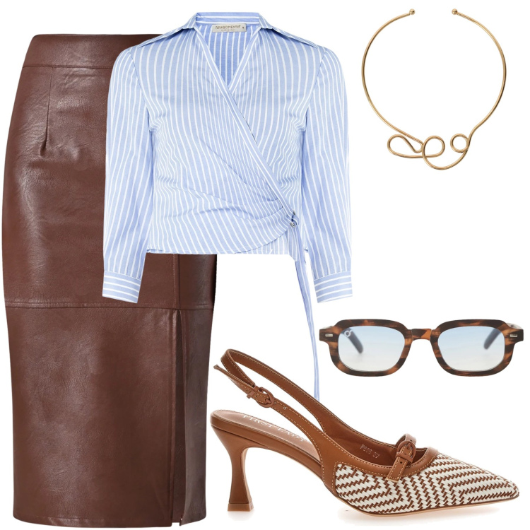 Outfit donna - Sguardi di Cielo: Eleganza Materica. Stile Glamour per Serata fuori. Abbinamento con occhiali da sole, collane, gonne longuette, camicie, décolleté.