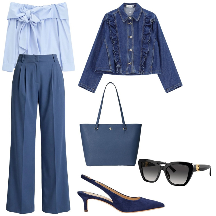 Outfit donna - Si parte. Stile Trendy per Serata fuori. Abbinamento con pantaloni, top, blazer, décolleté, occhiali da sole, borse tote.