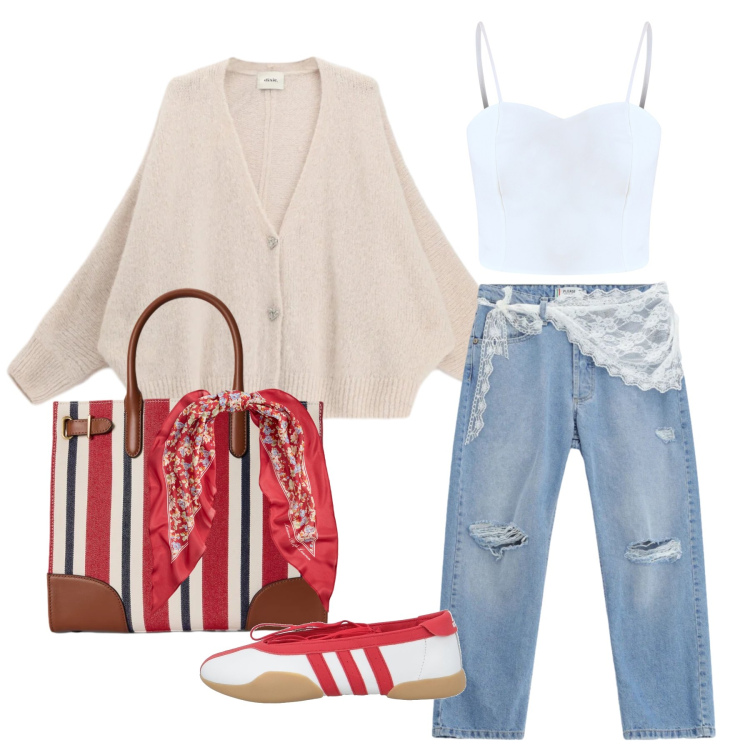 Outfit donna - Marzo. Stile Trendy per Tutti i giorni. Abbinamento con ballerine, cardigans, jeans strappati, top, borse tote, foulard.