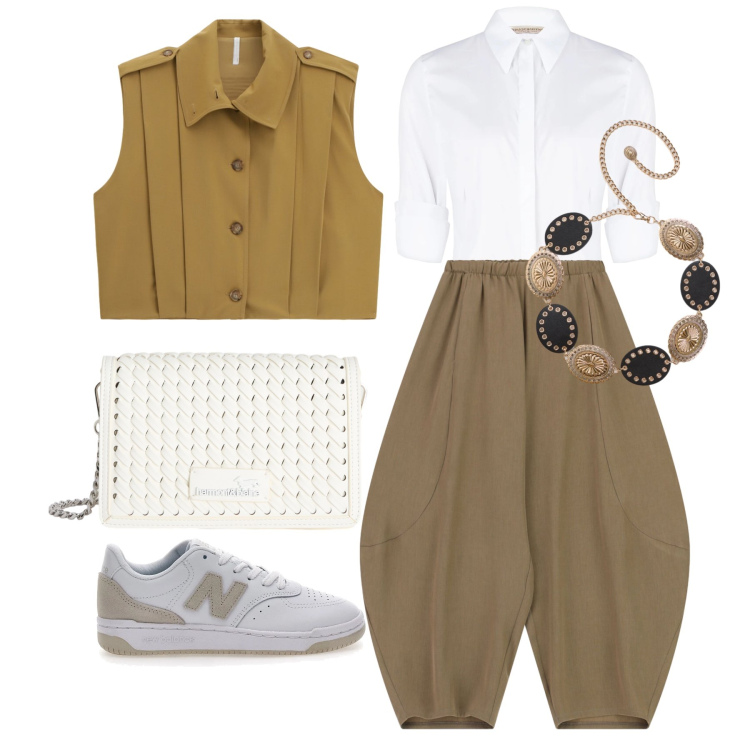 Outfit donna - Marzo. Stile Glamour per Tutti i giorni. Abbinamento con borse a tracolla, pantaloni, gilet, cinture, camicie, sneakers.