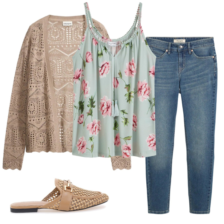 Outfit donna - Soffio di Primavera: Pastelli in Fiore. Stile Romantica per Tutti i giorni. Abbinamento con top, cardigans, jeans skinny, sabot.
