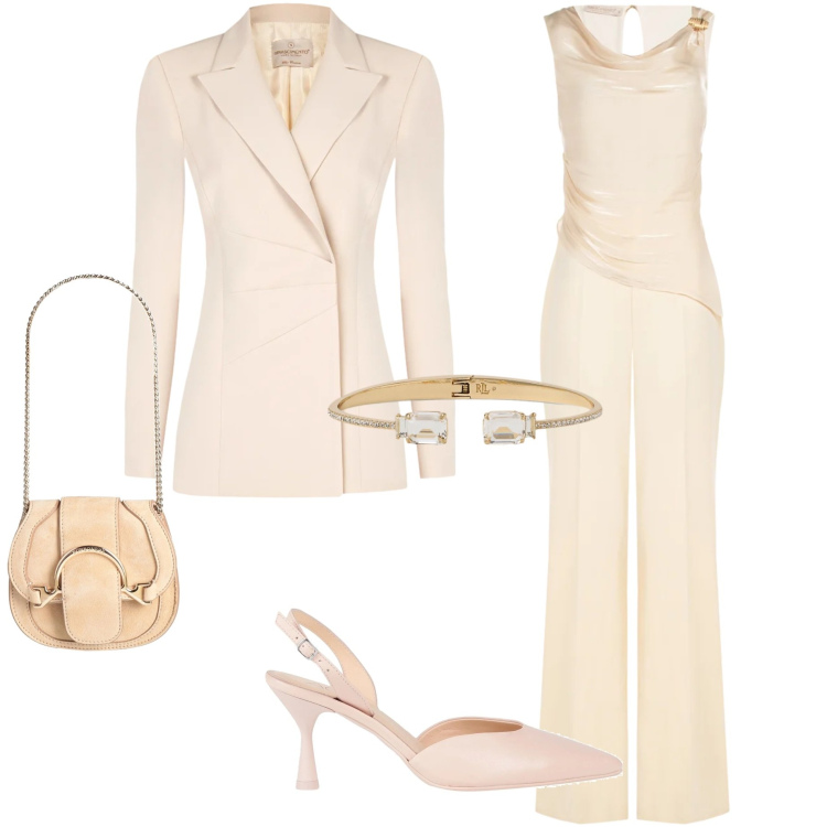 Outfit donna - Cerimonia di primavera. Stile Chic per Cerimonia. Abbinamento con décolleté, marsupi, tute, blazer, braccialetti.