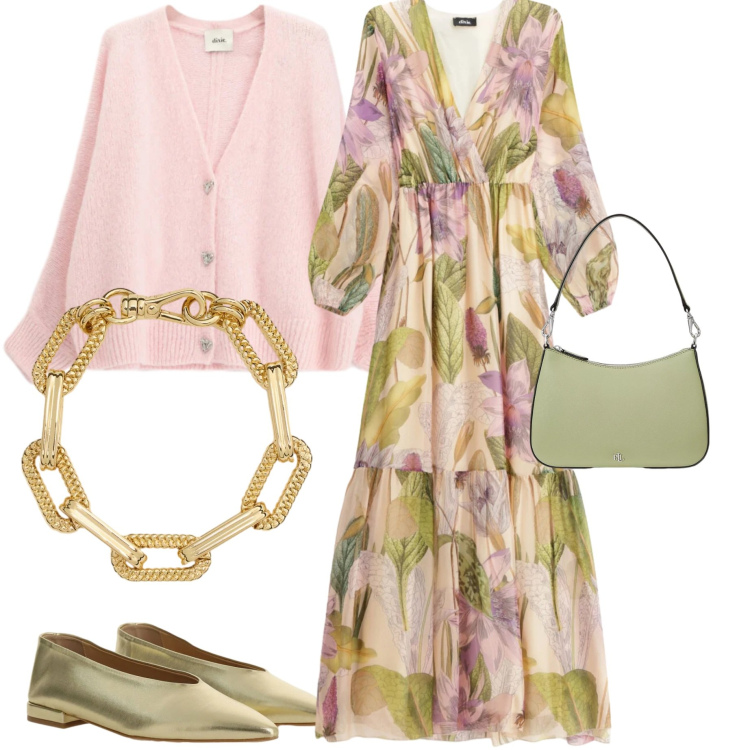 Outfit donna - Primavera. Stile Bon Ton per Serata fuori. Abbinamento con vestiti lunghi, cardigans, ballerine, borse a spalla, braccialetti.