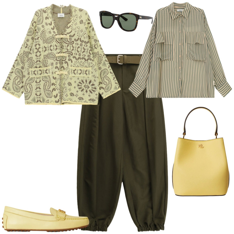 Outfit donna - Trendy ufficio week end. Stile Trendy per Tutti i giorni. Abbinamento con pantaloni, cardigans, camicie, mocassini, occhiali da sole, borse a secchiello.