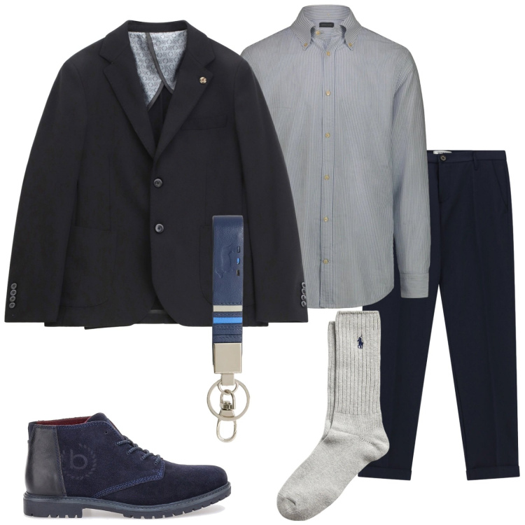 Outfit uomo - Il blazer regular fit. Stile Trendy per Serata speciale. Abbinamento con portachiavi, giacche, pantaloni, calzini, scarpe stringate, camicie.