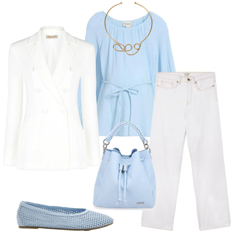 Outfit donna - Total look #2352784. Stile Casual chic per Tutti i giorni. Abbinamento con ballerine, bluse, jeans dritti, collane, blazer, borse a secchiello.