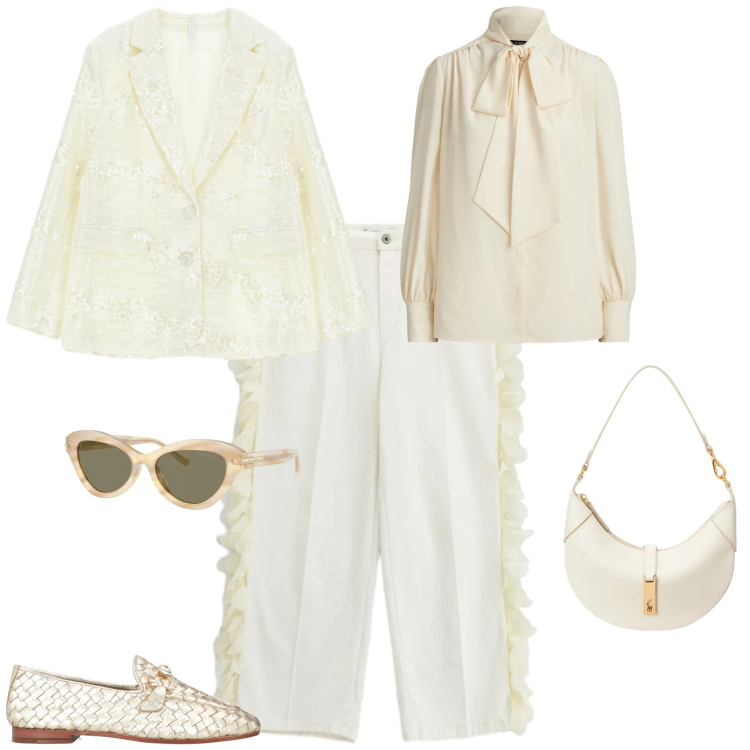 Outfit donna - Chic cerimonia evento speciale. Stile Chic per Cerimonia. Abbinamento con mocassini, blazer, pantaloni, camicie, occhiali da sole, borse a spalla.