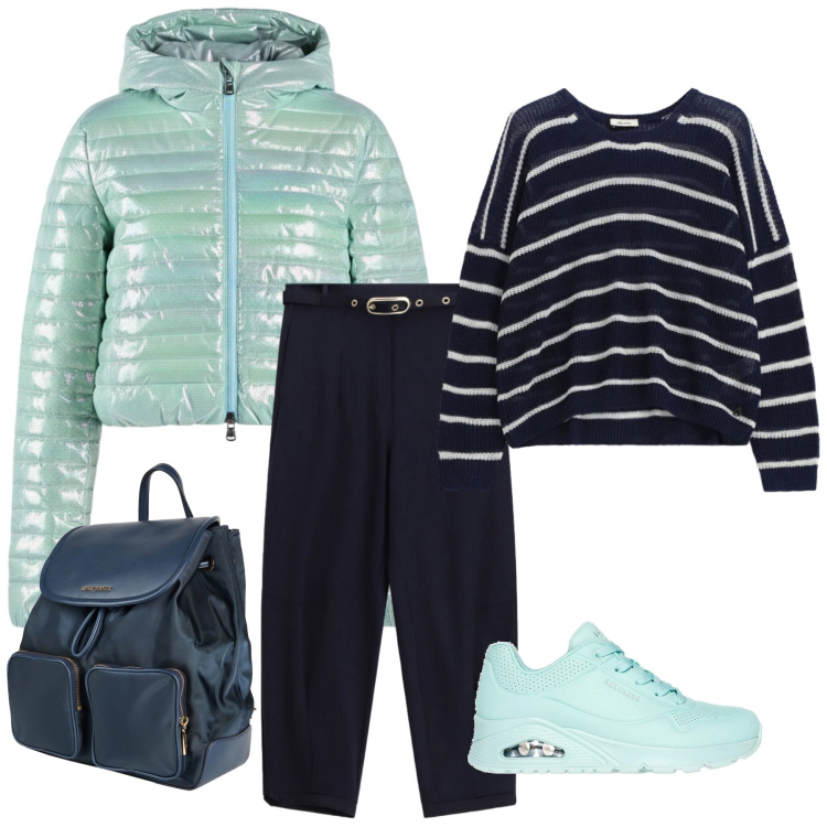 Outfit donna - Total look #2352788. Stile Casual per Tutti i giorni. Abbinamento con zaini, pantaloni, maglieria, piumini, sneakers.