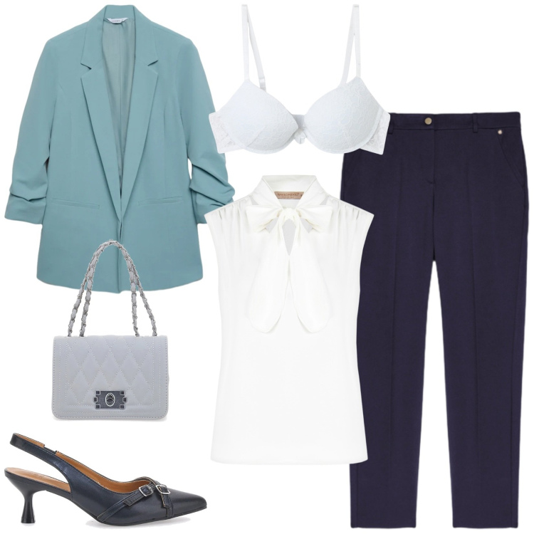Outfit donna - Total look #2352794. Stile Casual chic per Ufficio. Abbinamento con blazer, reggiseni push-up, pantaloni, top, décolleté, borse a tracolla.
