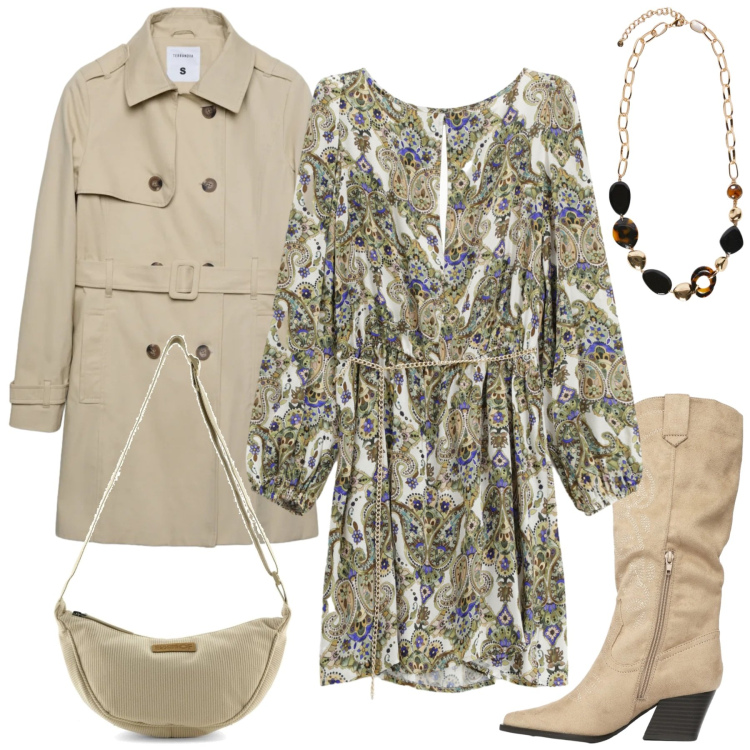 Outfit donna - Total look #2352796. Stile Etnico per Tutti i giorni. Abbinamento con stivali, trench, collane, vestiti corti, borse a tracolla.